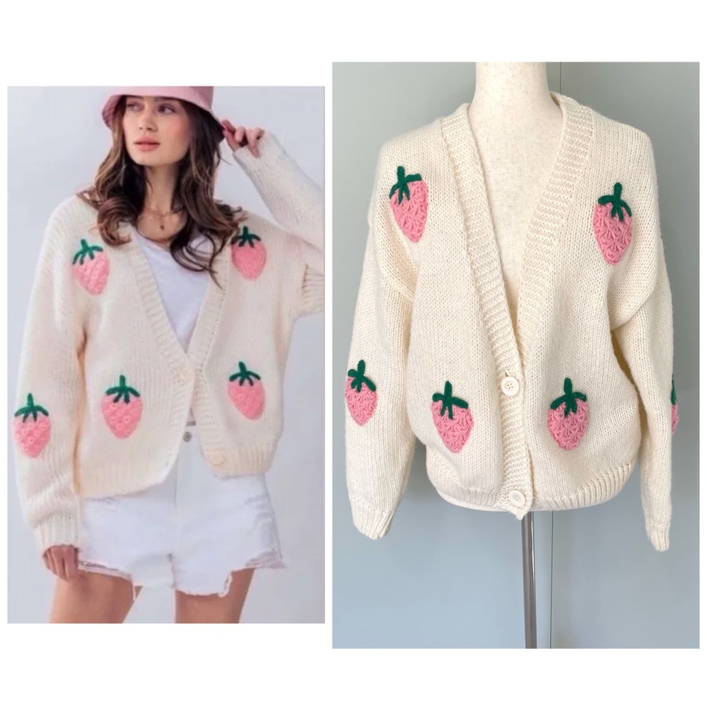 Strawberry Patterned Cream Cardigan